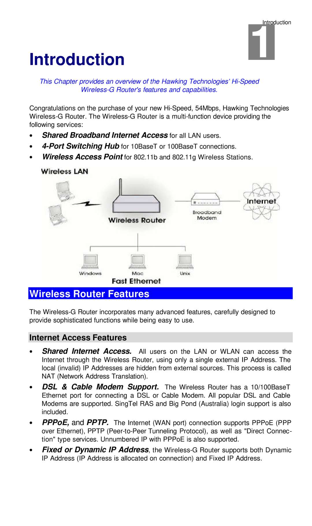 Hawking Technology Wireless-G Router manual Wireless Router Features, Internet Access Features 