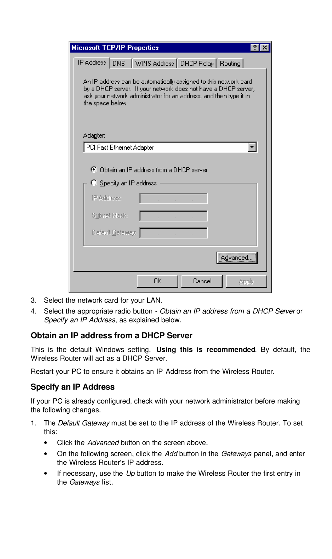 Hawking Technology Wireless-G Router manual Obtain an IP address from a Dhcp Server, Specify an IP Address 