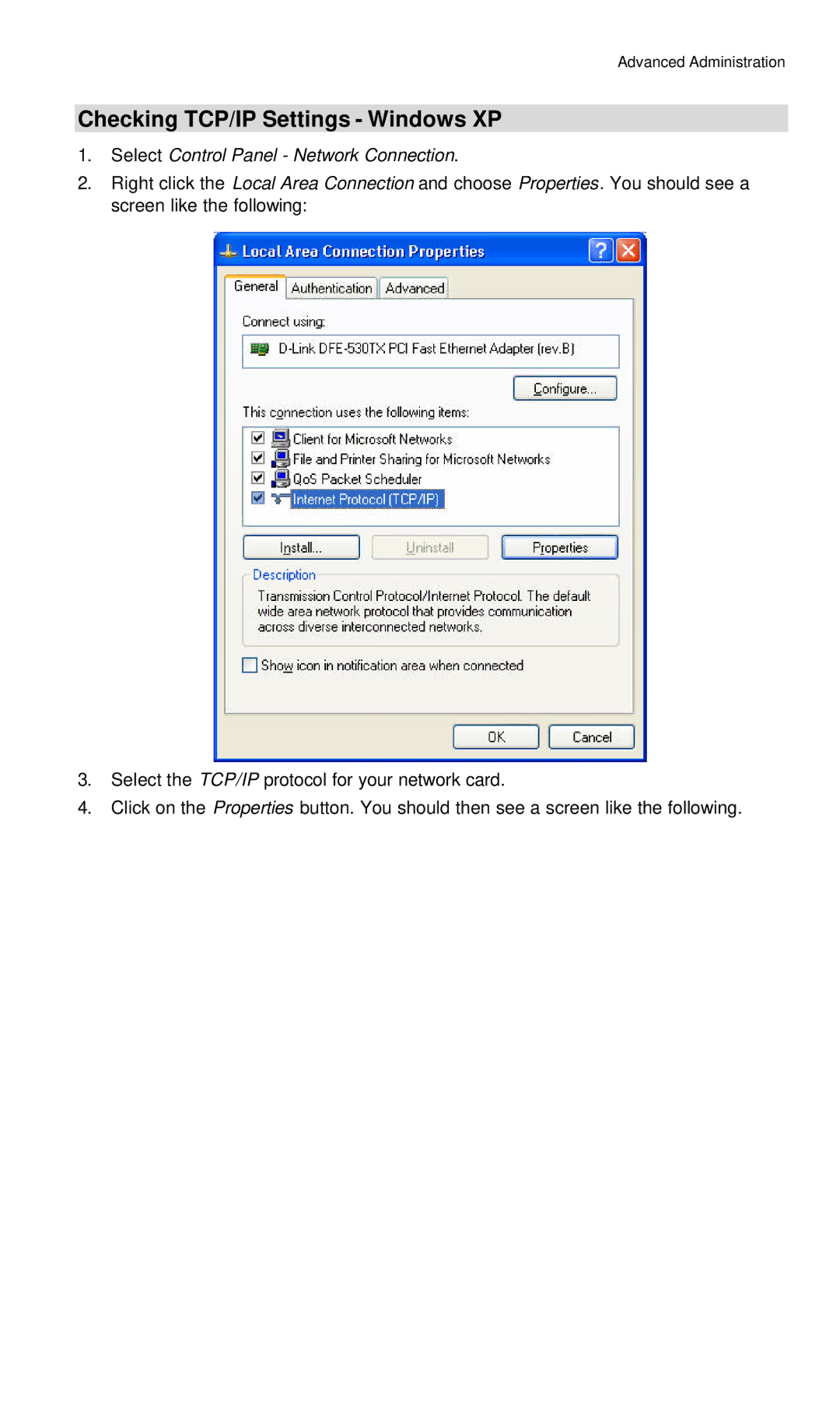 Hawking Technology Wireless-G Router manual Checking TCP/IP Settings Windows XP, Select Control Panel Network Connection 