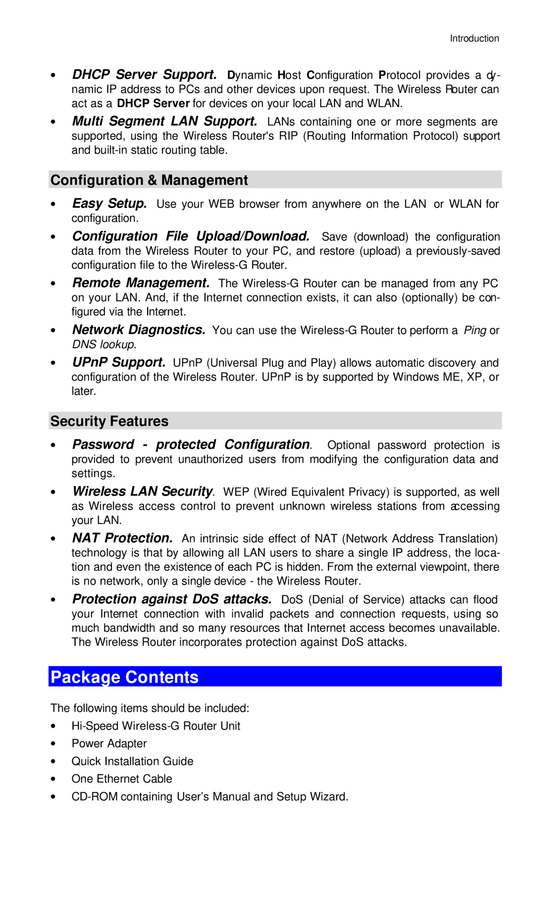 Hawking Technology Wireless-G Router manual Package Contents 