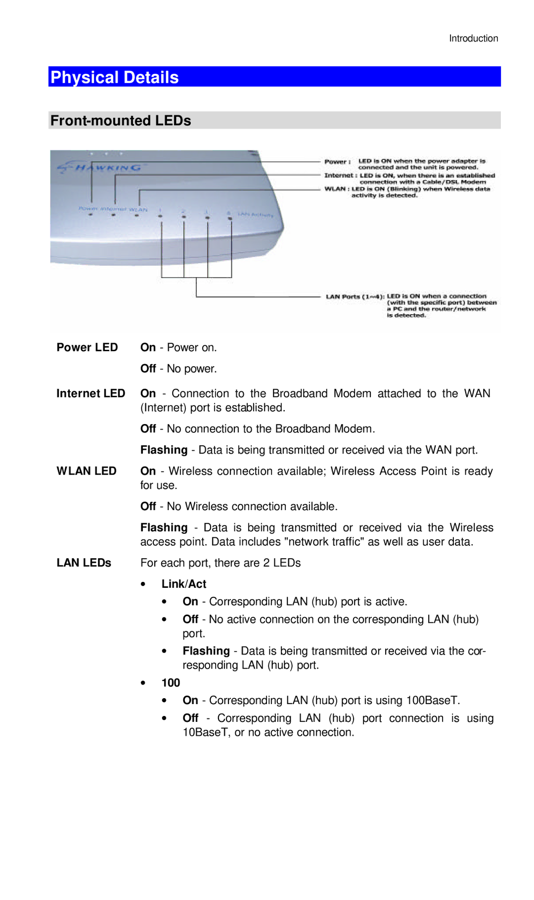 Hawking Technology Wireless-G Router Physical Details, Front-mounted LEDs, For use, Off No Wireless connection available 