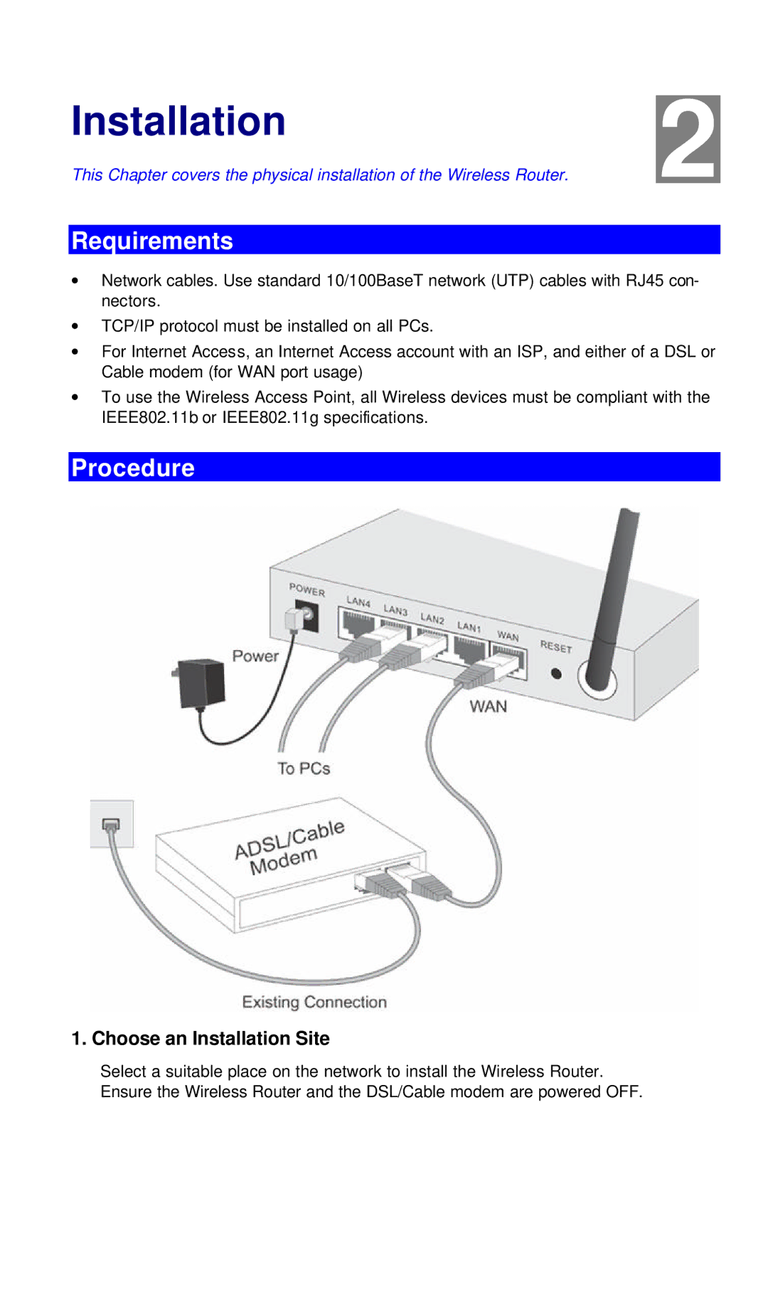 Hawking Technology Wireless-G Router manual Requirements, Procedure, Choose an Installation Site 