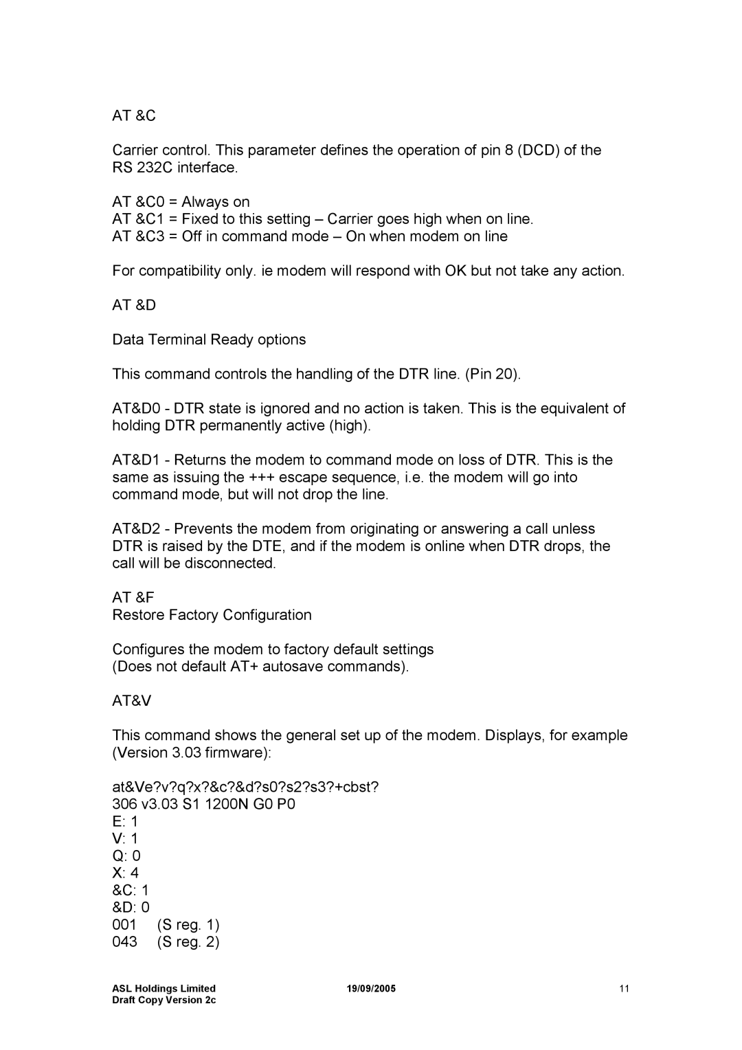 Hayes Microcomputer Products ASLH306 manual At &C, At &D, At &F, At&V 