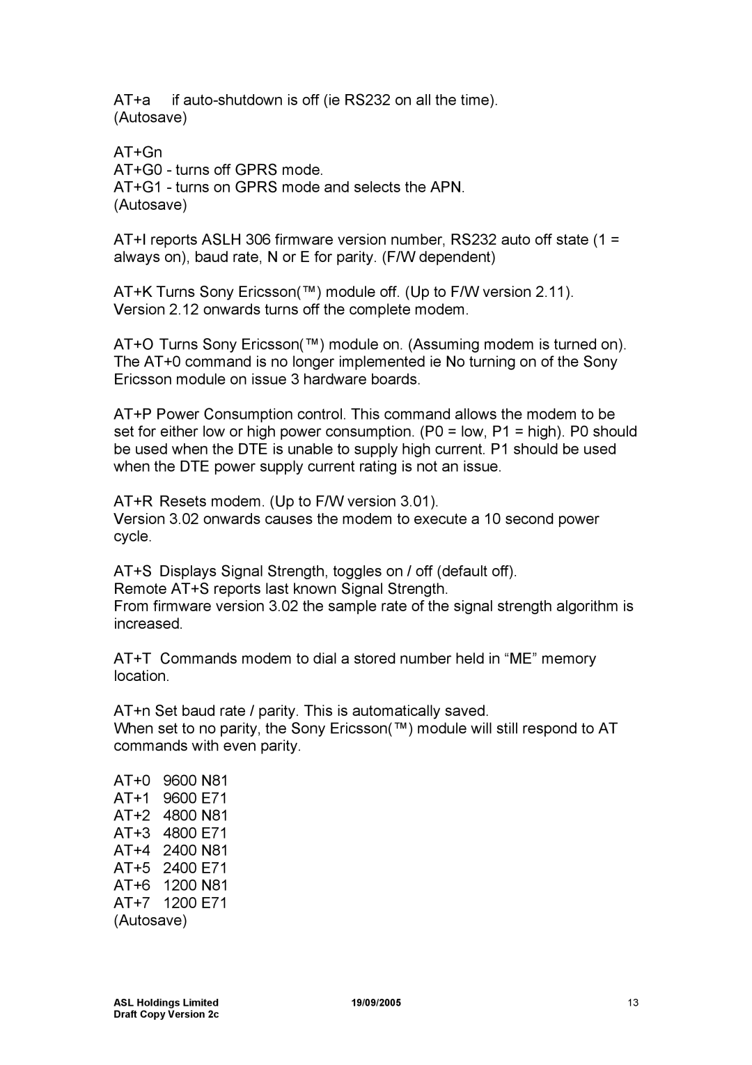 Hayes Microcomputer Products ASLH306 manual ASL Holdings Limited 19/09/2005 Draft Copy Version 2c 