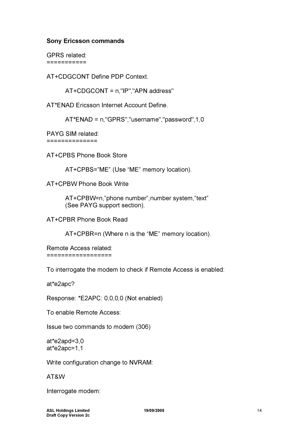 Hayes Microcomputer Products ASLH306 manual Sony Ericsson commands, At&W 