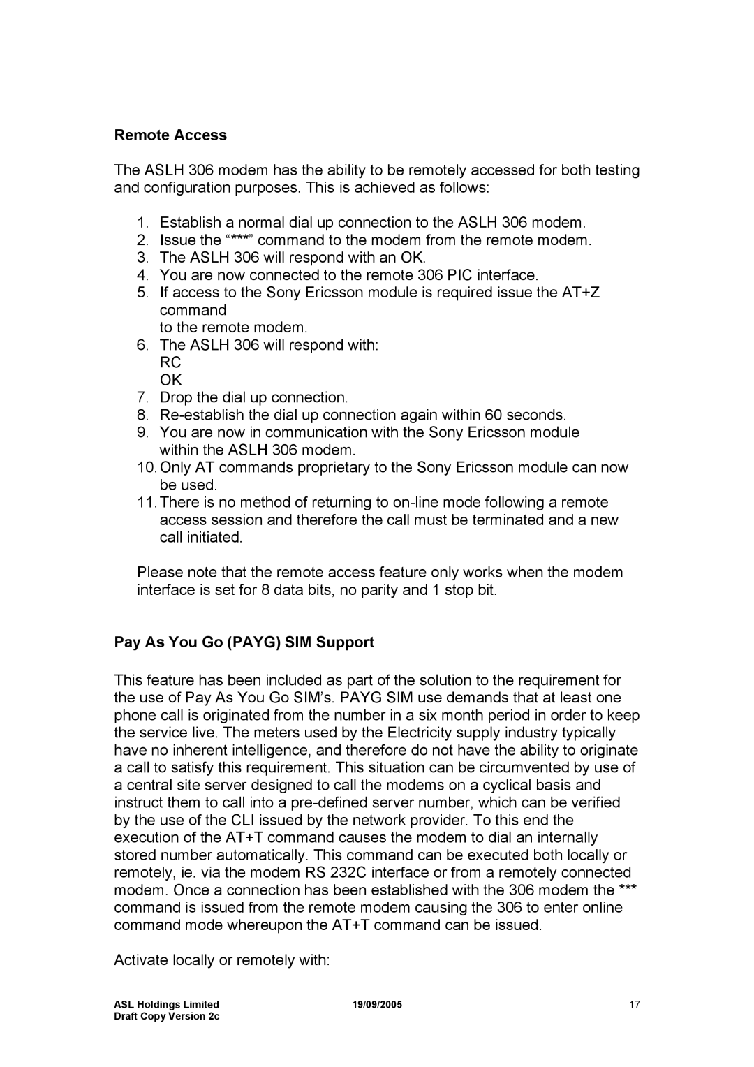 Hayes Microcomputer Products ASLH306 manual Remote Access, Rc Ok, Pay As You Go Payg SIM Support 