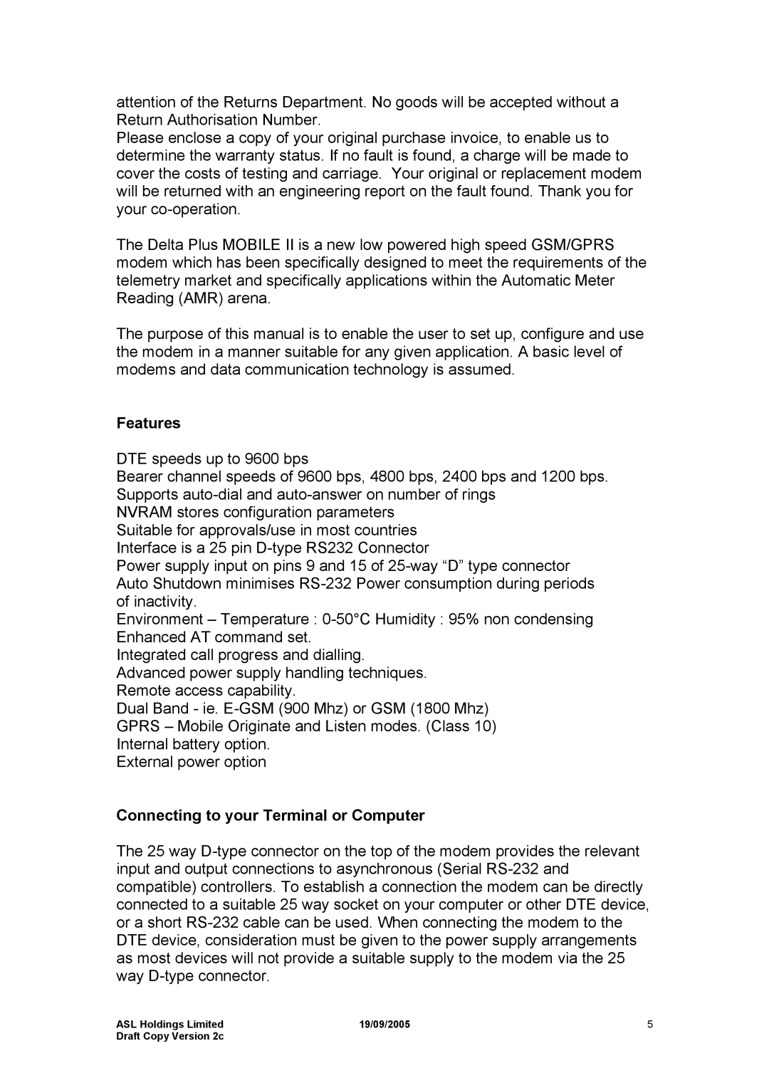 Hayes Microcomputer Products ASLH306 manual Features, Connecting to your Terminal or Computer 