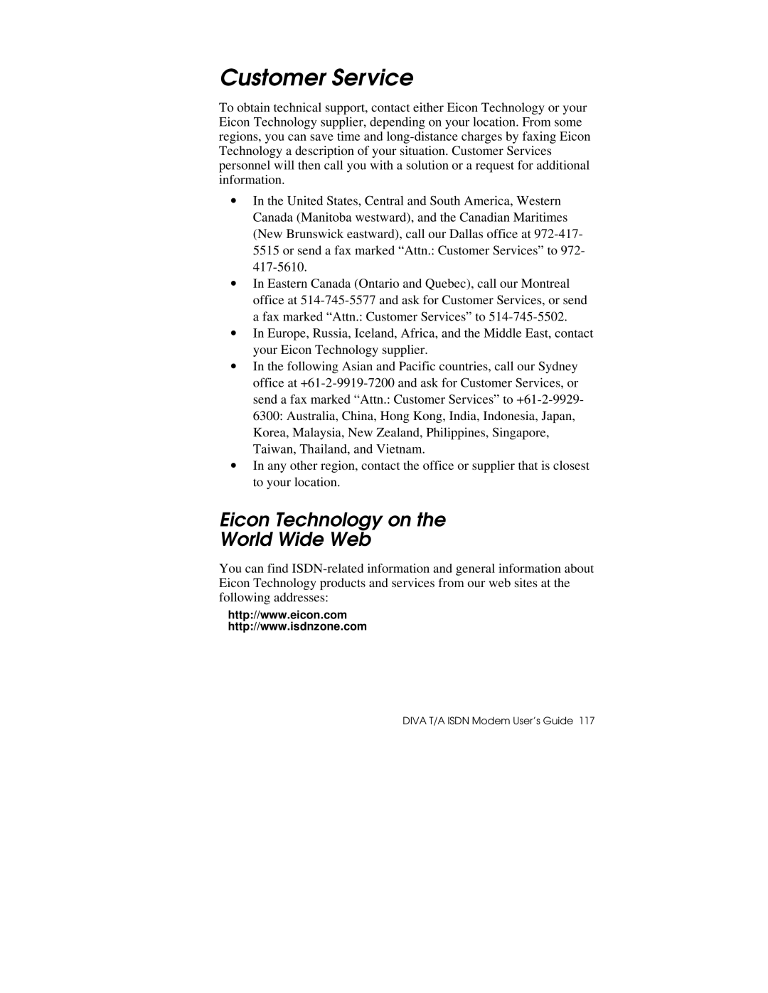 Hayes Microcomputer Products DIVA T/A ISDN manual Customer Service, Eicon Technology on World Wide Web 