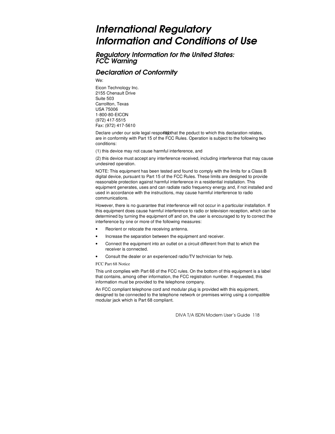 Hayes Microcomputer Products DIVA T/A ISDN International Regulatory Information and Conditions of Use, FCC Part 68 Notice 