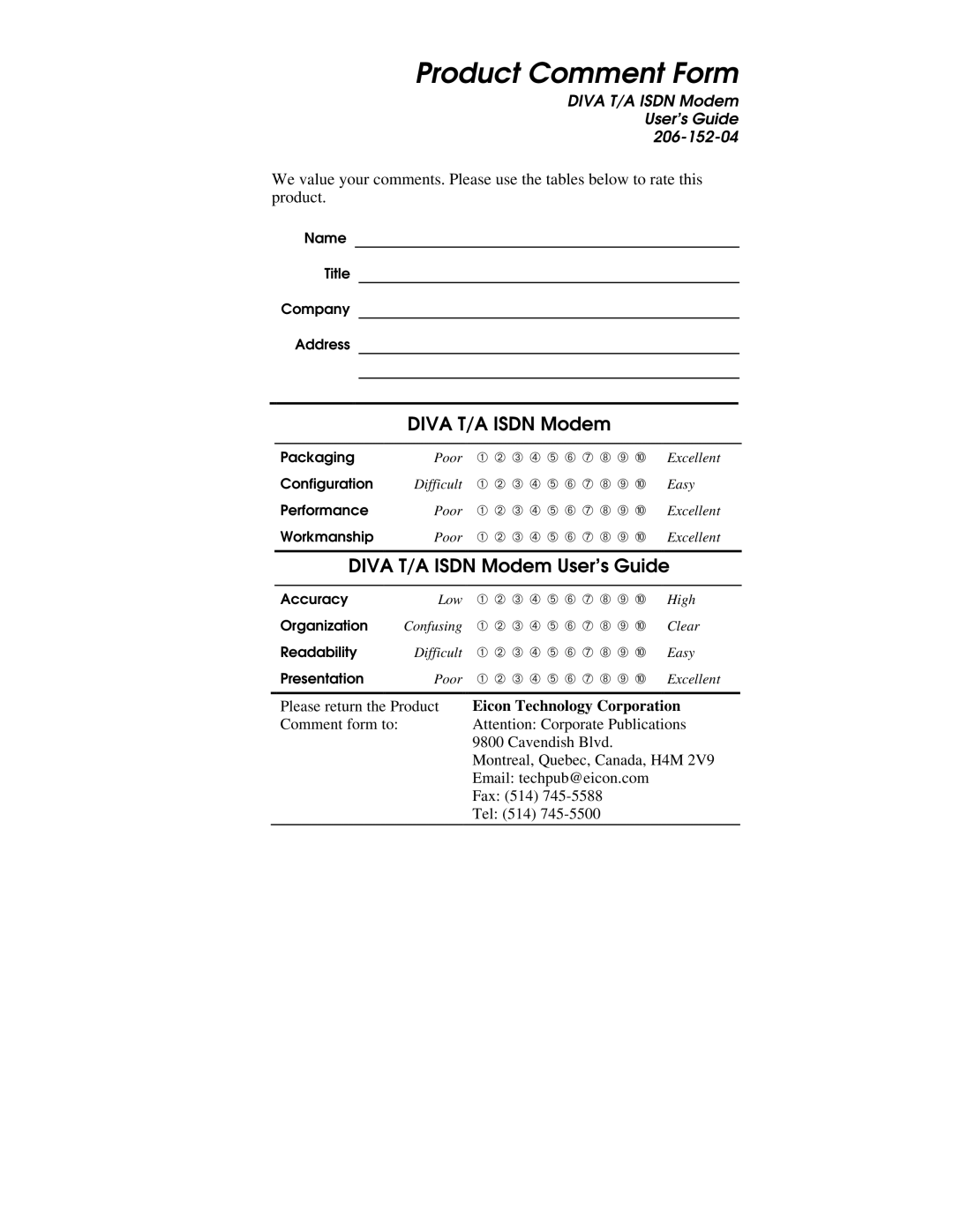 Hayes Microcomputer Products DIVA T/A ISDN manual Product Comment Form, Diva T/A Isdn Modem User’s Guide 