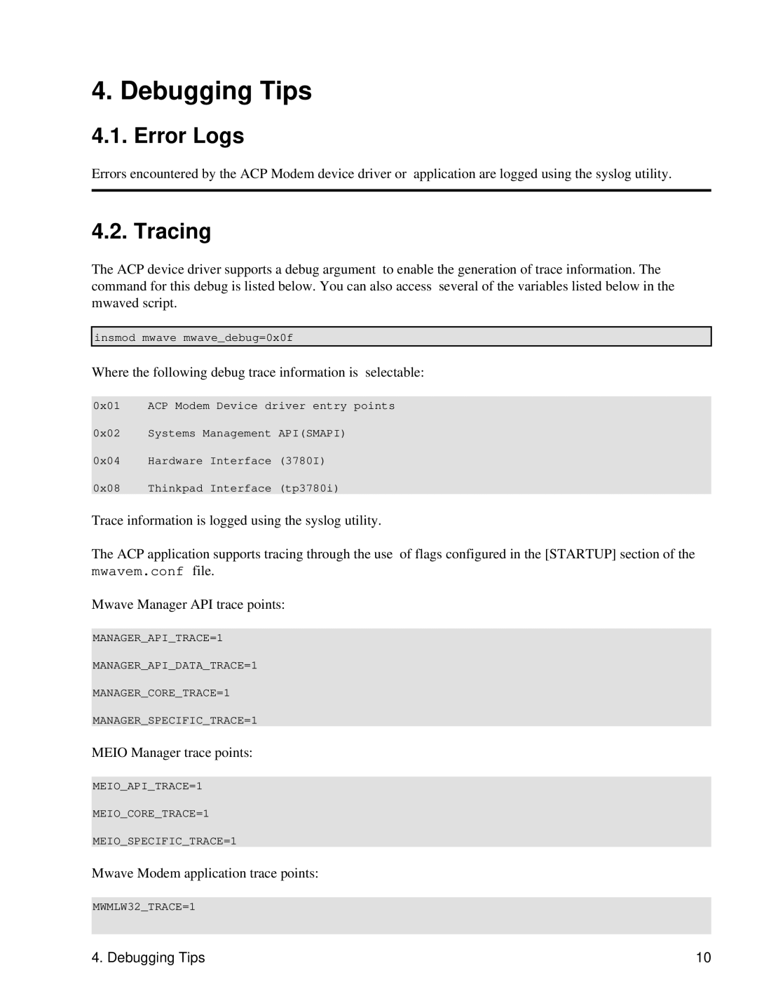 Hayes Microcomputer Products Mwave manual Debugging Tips, Error Logs, Tracing 