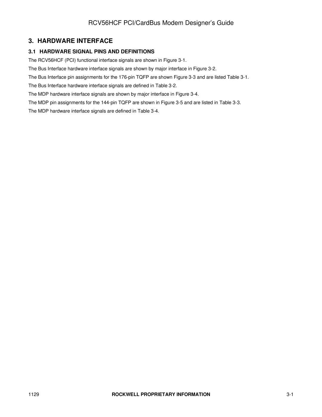 Hayes Microcomputer Products RCV56HCF manual Hardware Interface, Hardware Signal Pins and Definitions 