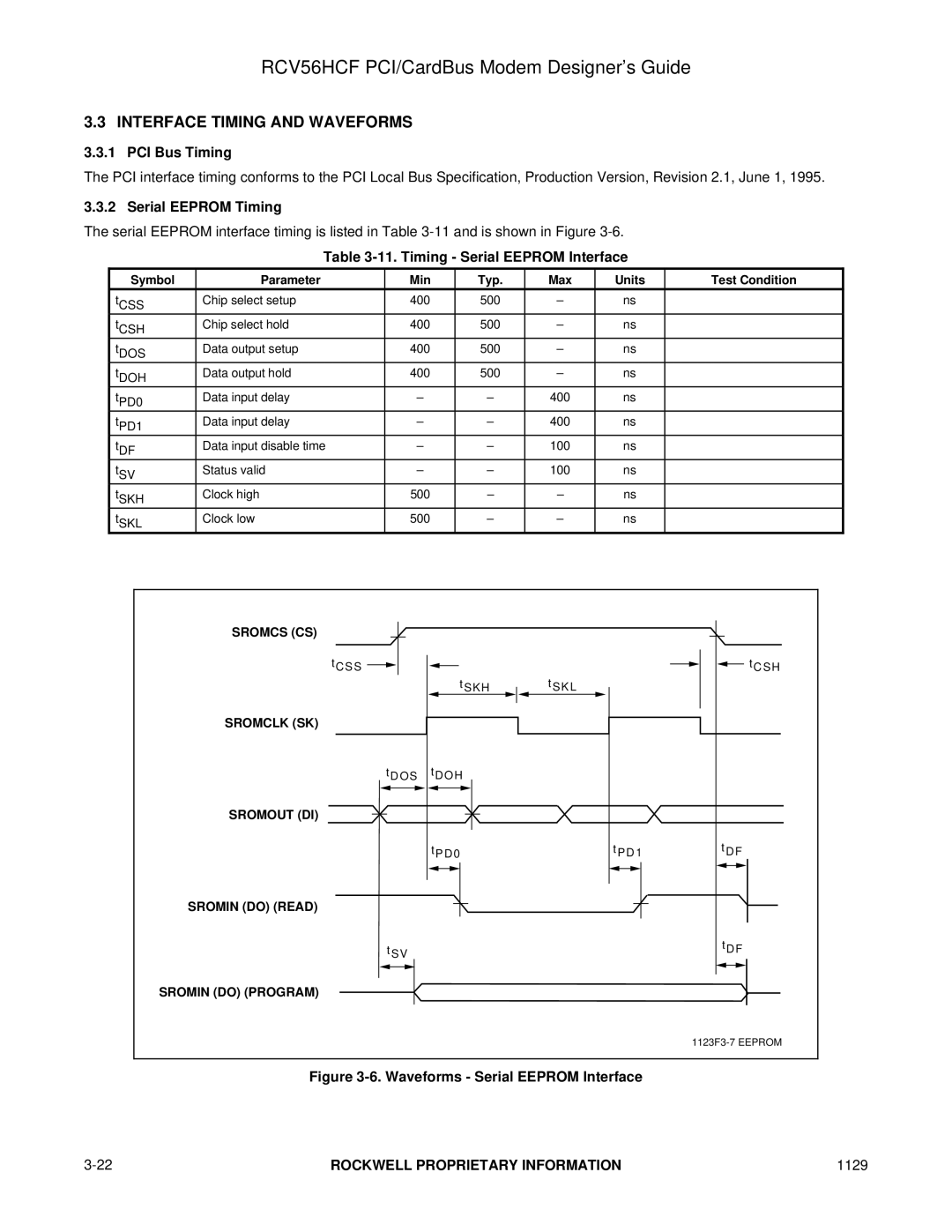 Hayes Microcomputer Products RCV56HCF manual Interface Timing and Waveforms, PCI Bus Timing, Serial Eeprom Timing 