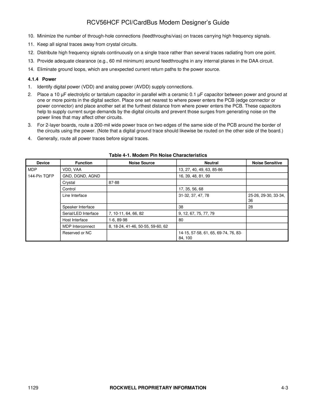 Hayes Microcomputer Products RCV56HCF manual Power, Modem Pin Noise Characteristics, Mdp Vdd, Vaa, GND, DGND, Agnd 