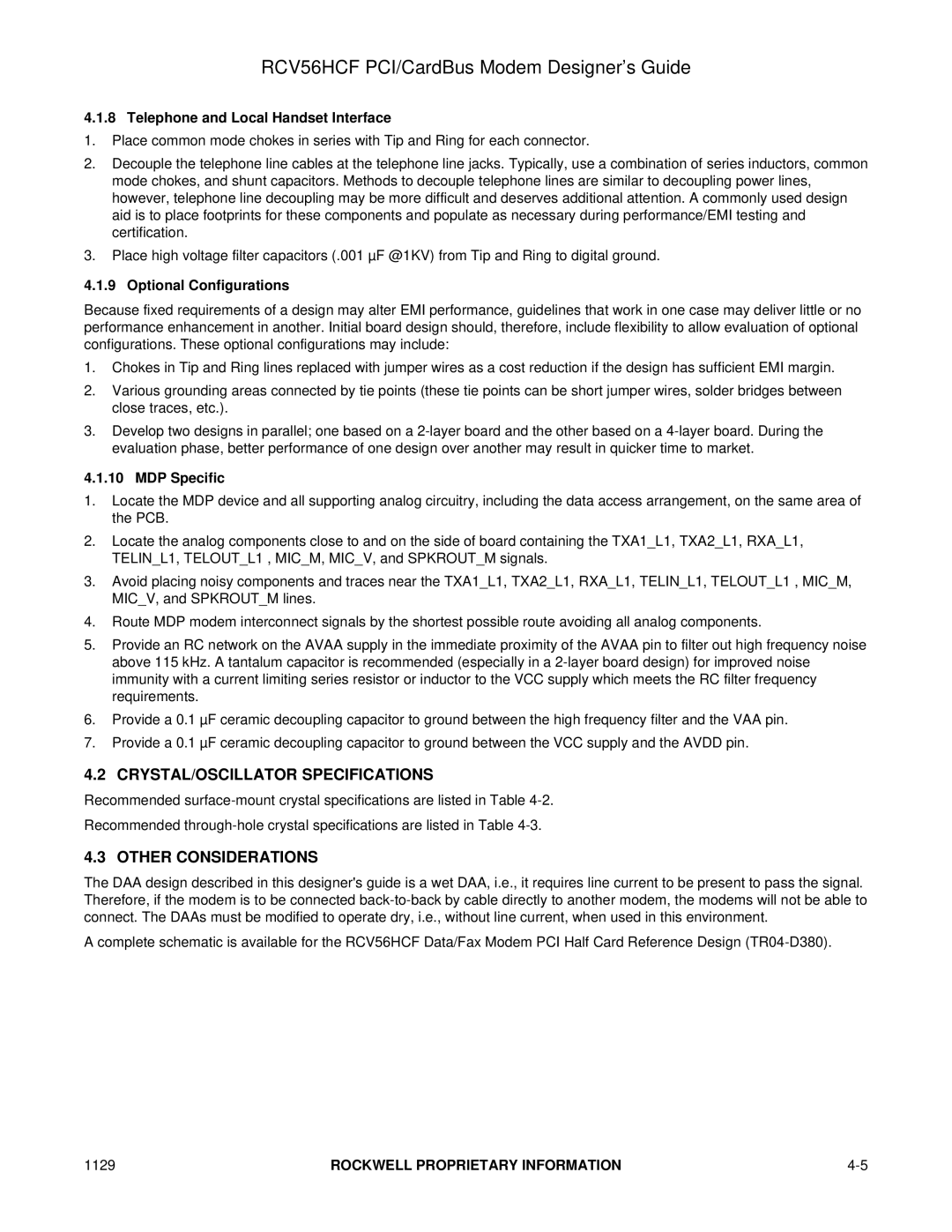 Hayes Microcomputer Products RCV56HCF CRYSTAL/OSCILLATOR Specifications, Other Considerations, Optional Configurations 