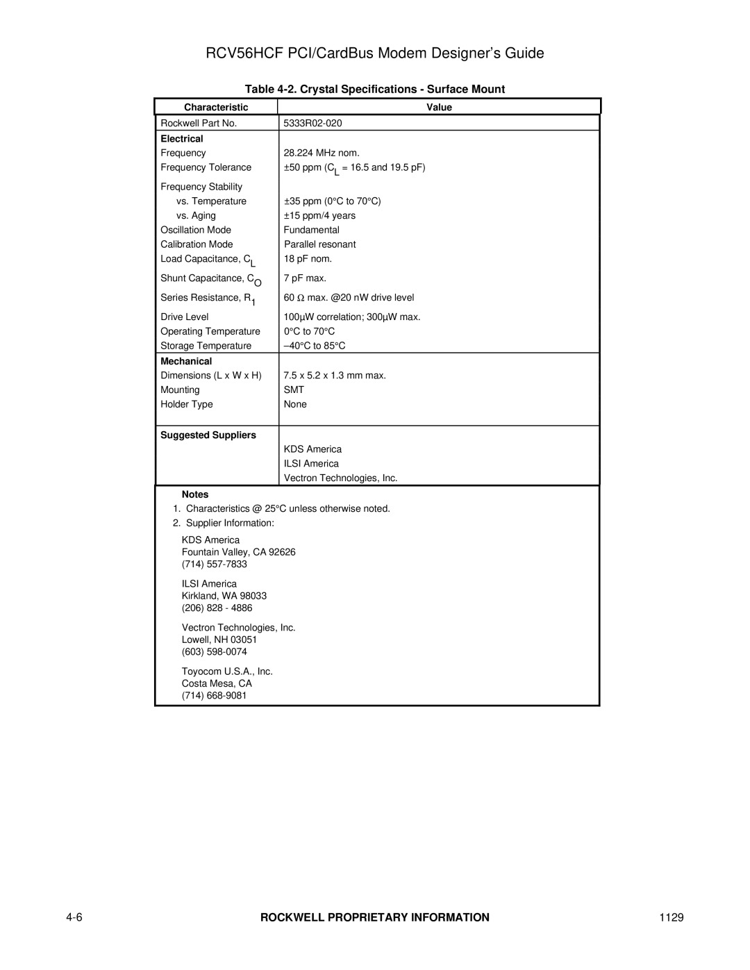 Hayes Microcomputer Products RCV56HCF Crystal Specifications Surface Mount, Characteristic Value, Electrical, Mechanical 