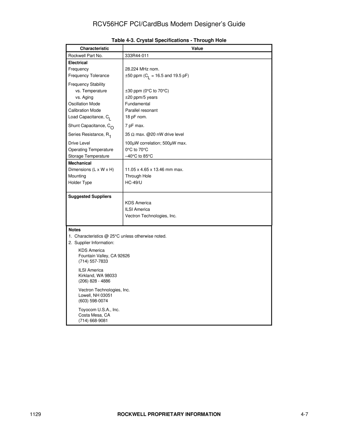 Hayes Microcomputer Products RCV56HCF manual Crystal Specifications Through Hole 