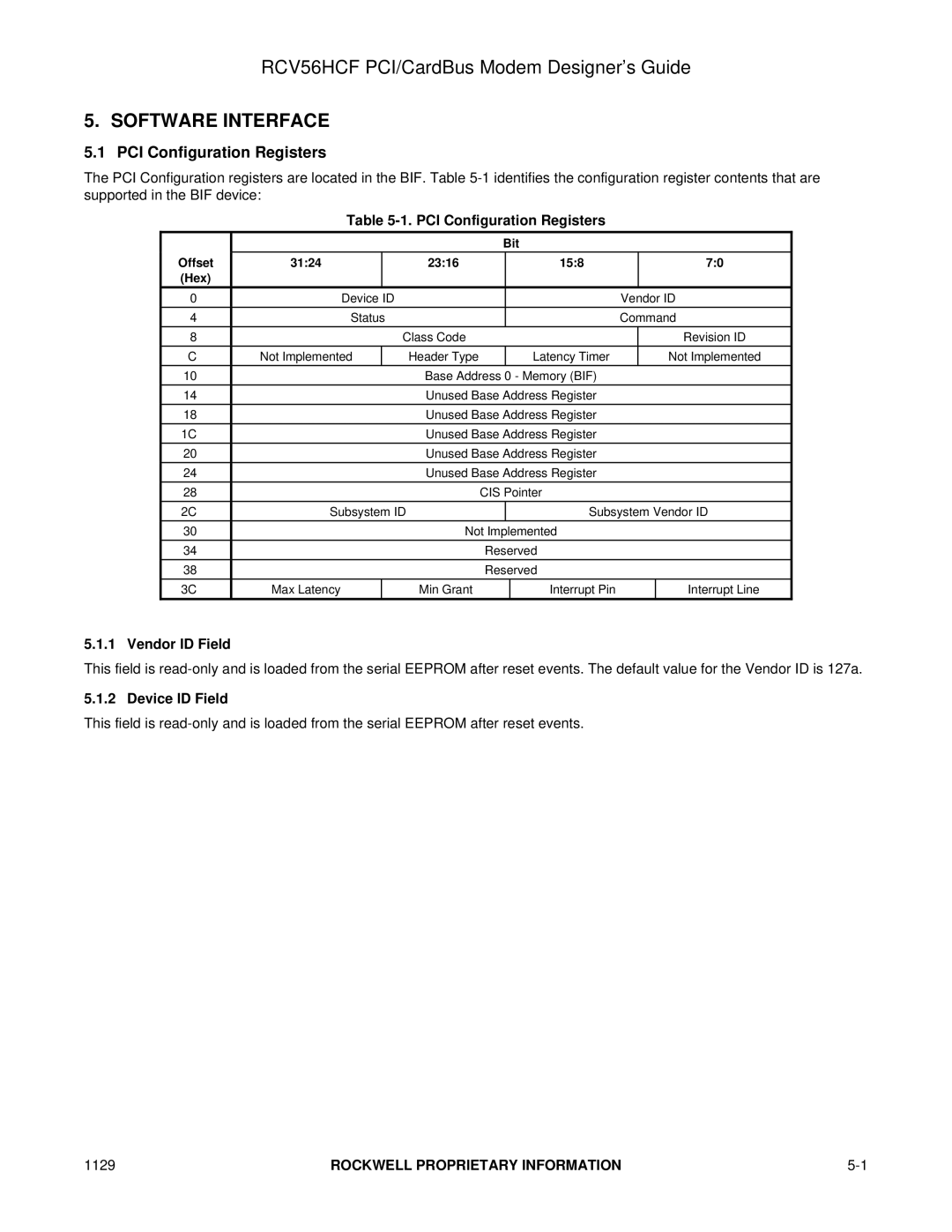 Hayes Microcomputer Products RCV56HCF manual PCI Configuration Registers, Vendor ID Field, Device ID Field 