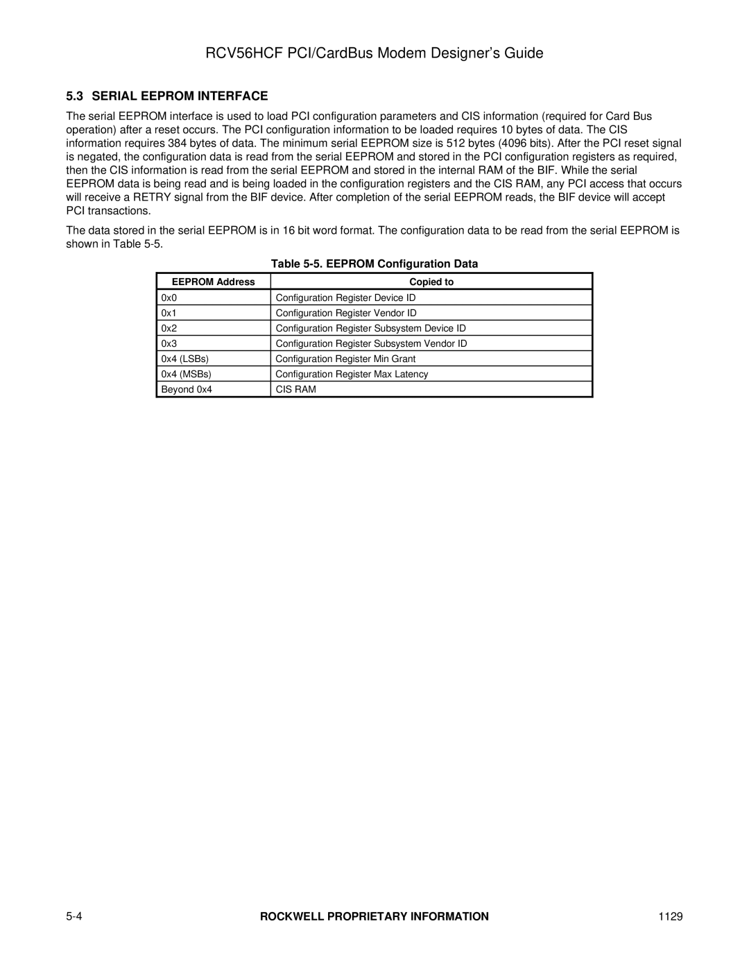 Hayes Microcomputer Products RCV56HCF manual Serial Eeprom Interface, Eeprom Configuration Data, Eeprom Address Copied to 