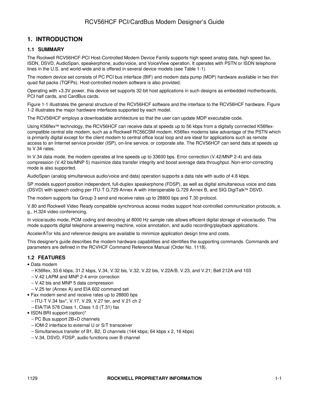 Hayes Microcomputer Products RCV56HCF manual Summary, Features 