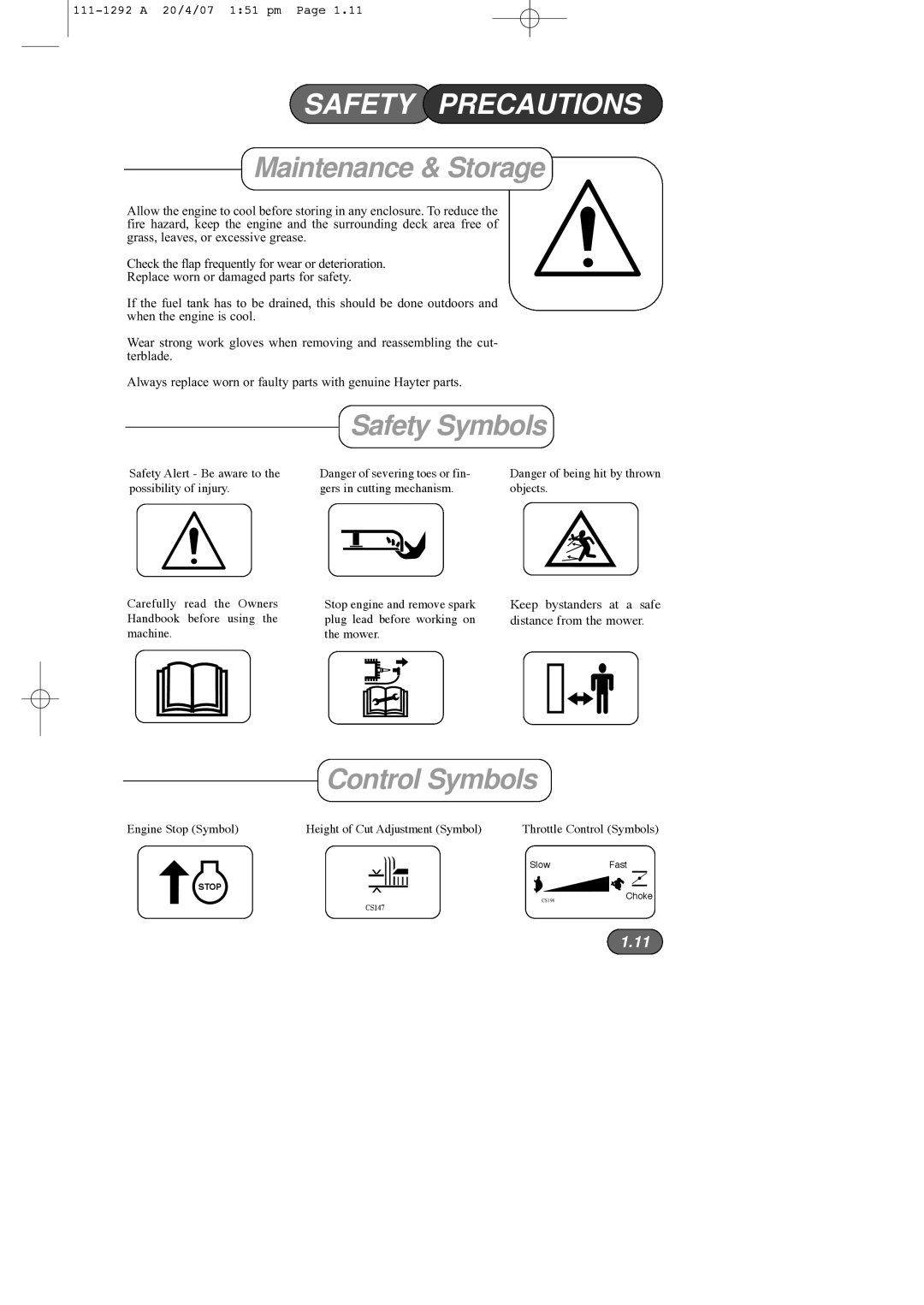 Hayter Mowers 005E manual Safety Symbols, Control Symbols 