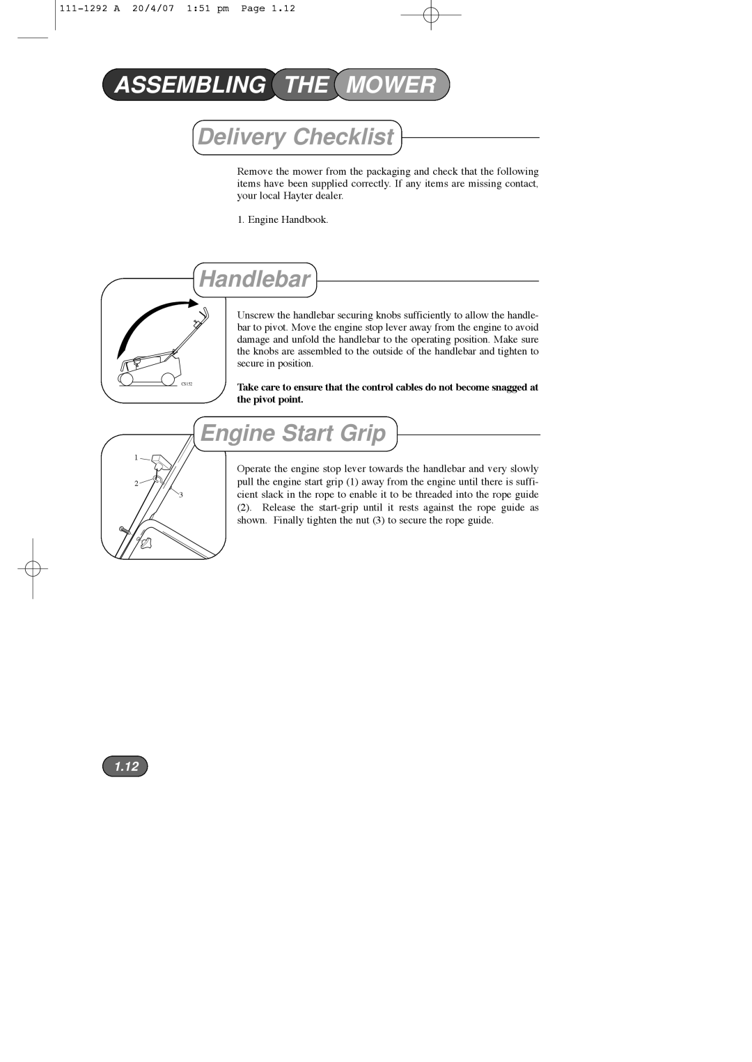 Hayter Mowers 005E manual Assembling the Mower, Delivery Checklist, Handlebar, Engine Start Grip 