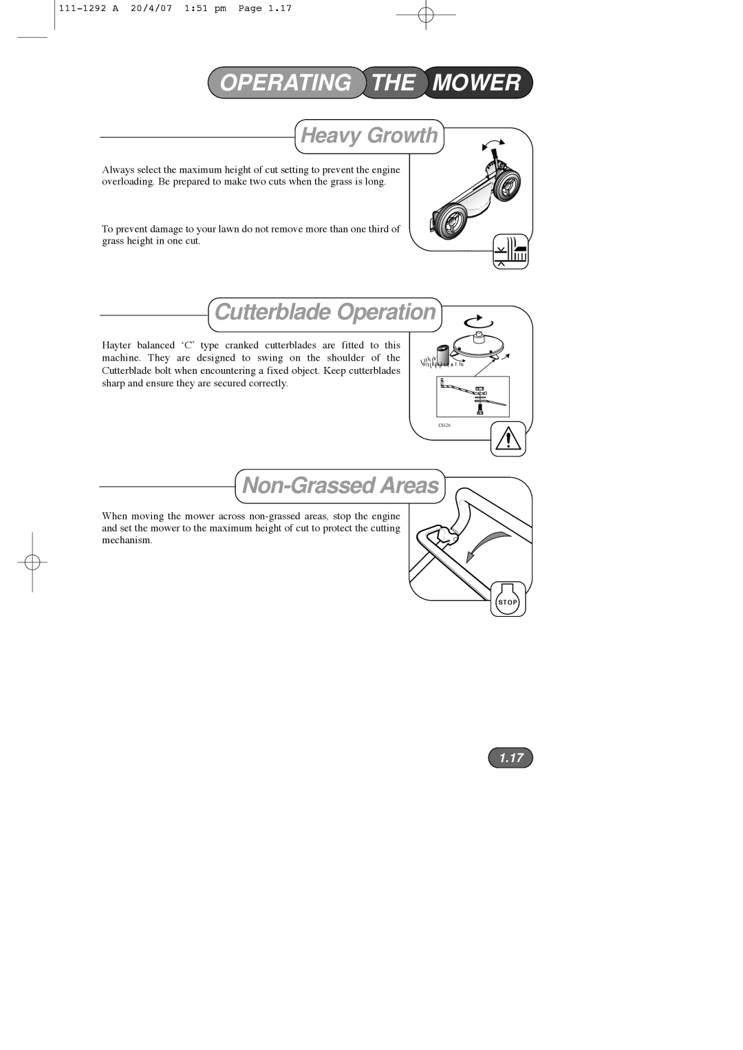 Hayter Mowers 005E manual Cutterblade Operation, Non-Grassed Areas 