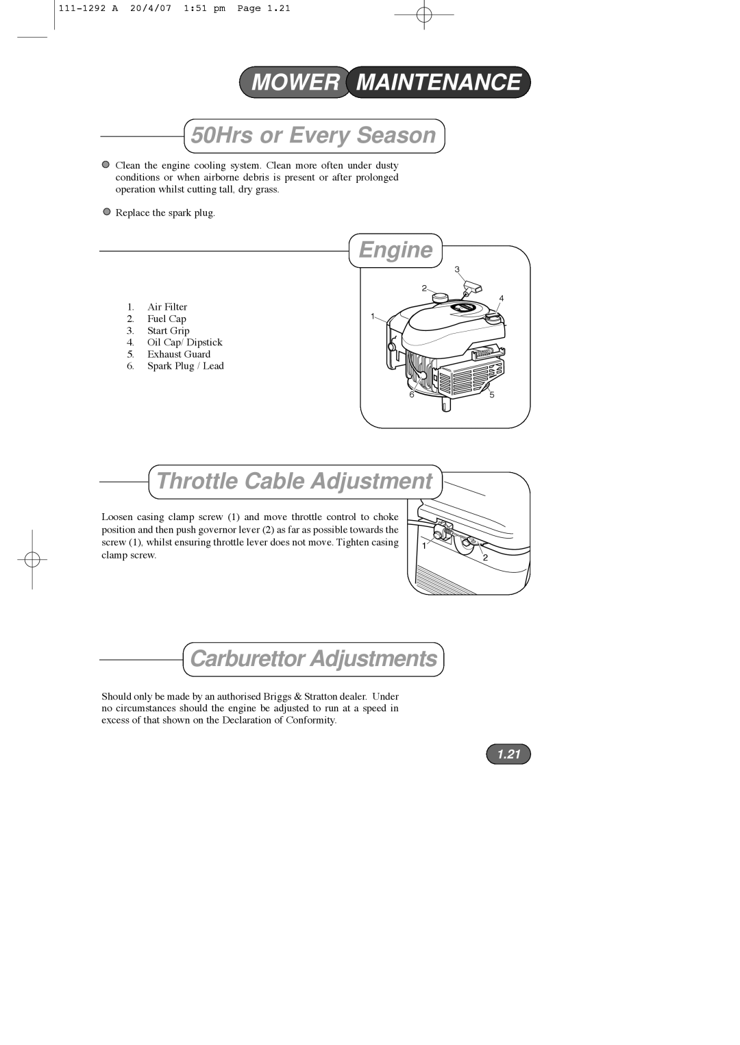 Hayter Mowers 005E manual Mower Maintenance, Engine, Throttle Cable Adjustment, Carburettor Adjustments 