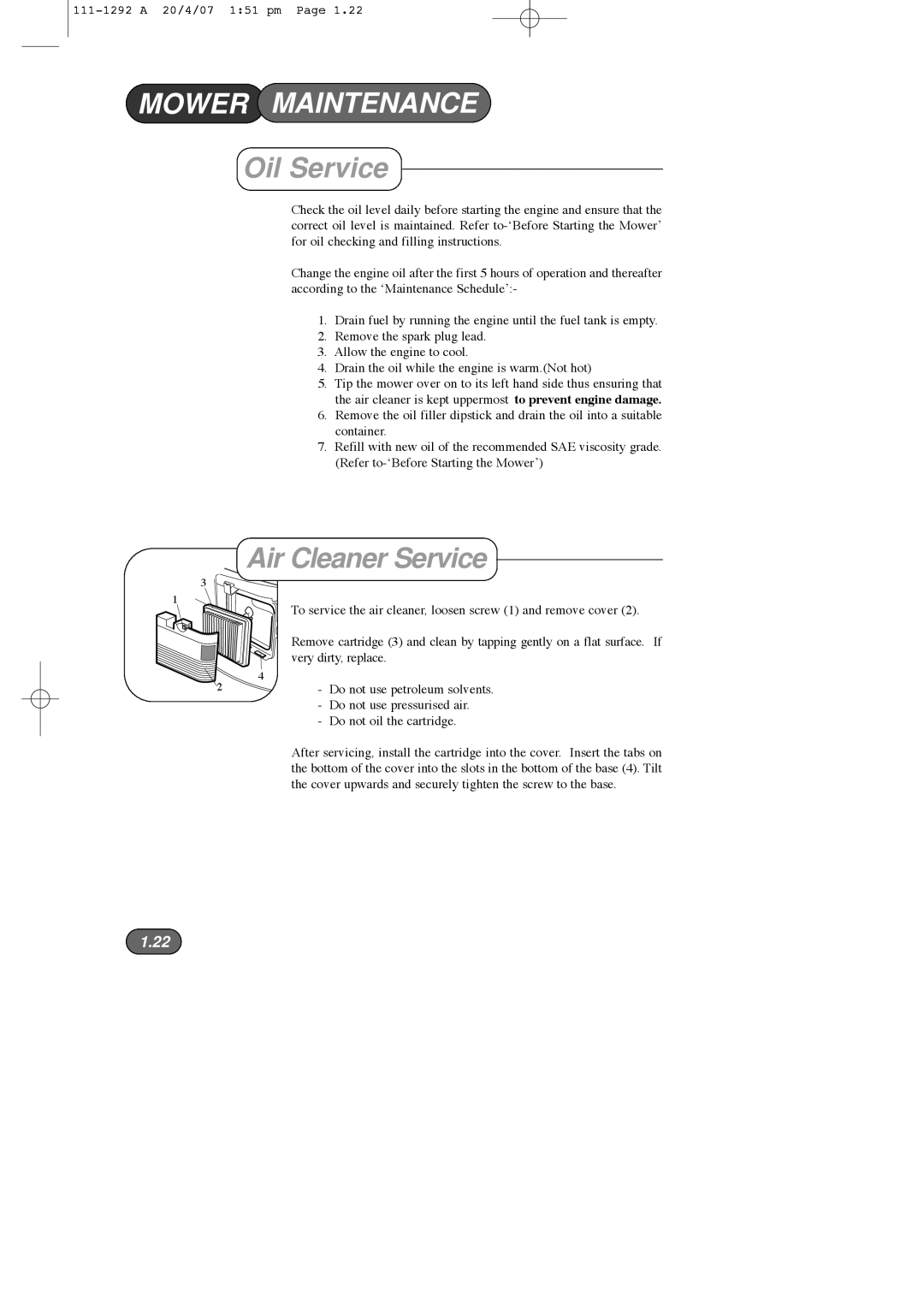 Hayter Mowers 005E manual Oil Service, Air Cleaner Service 