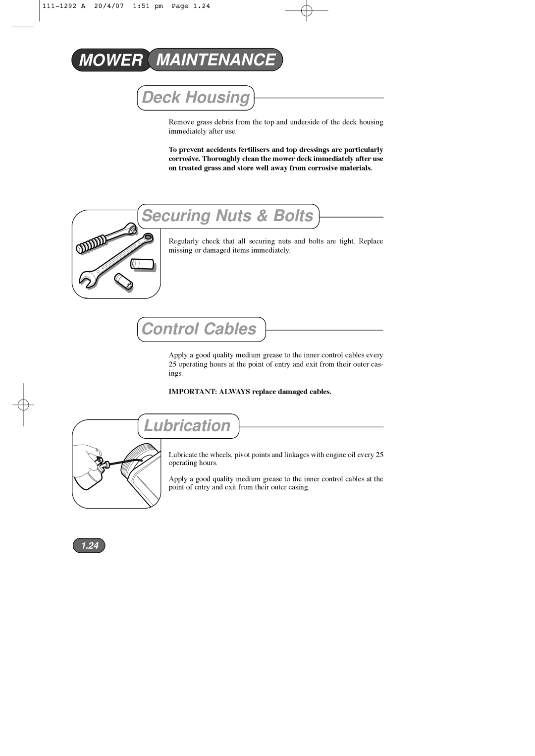 Hayter Mowers 005E manual Deck Housing, Securing Nuts & Bolts, Control Cables, Lubrication 
