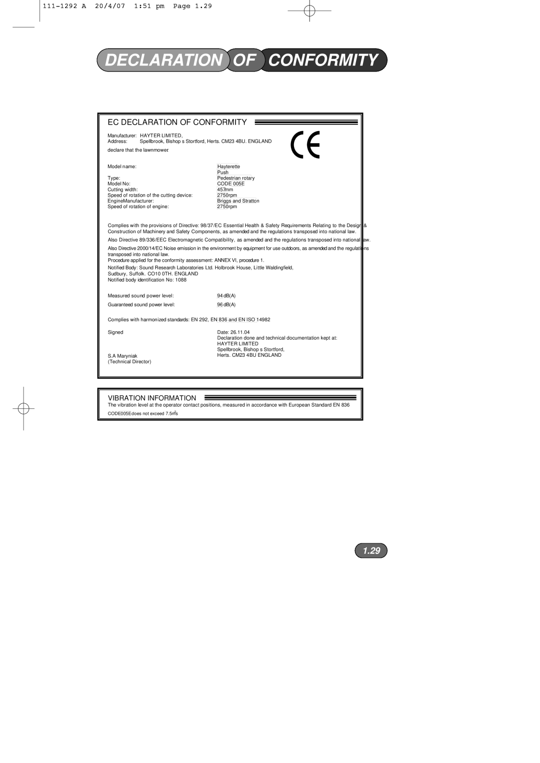 Hayter Mowers 005E manual EC Declaration of Conformity 