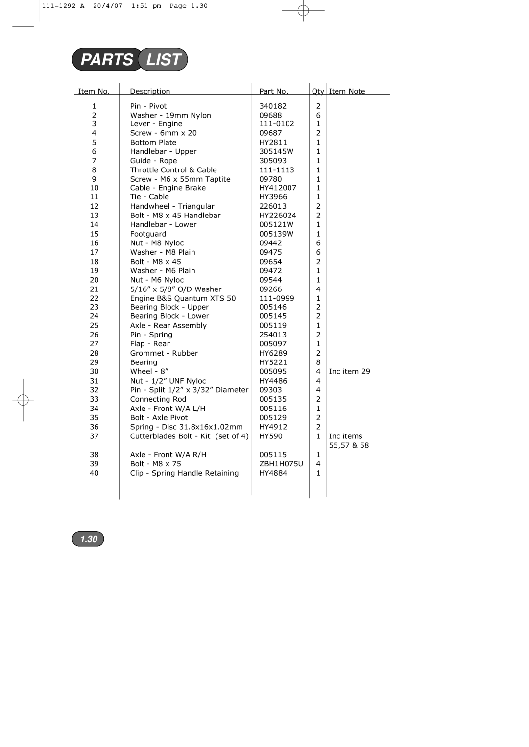 Hayter Mowers 005E manual Parts List 