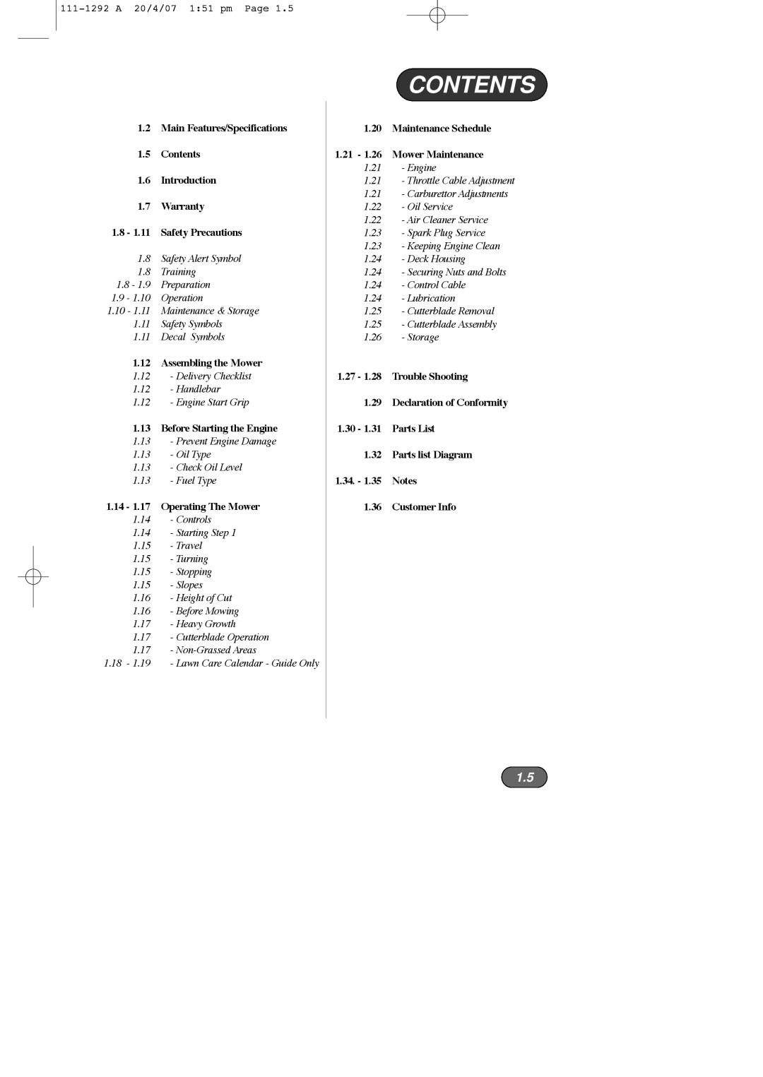 Hayter Mowers 005E manual Contents 