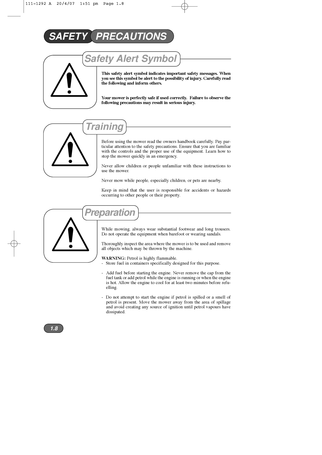 Hayter Mowers 005E manual Safety Precautions, Safety Alert Symbol, Training, Preparation 