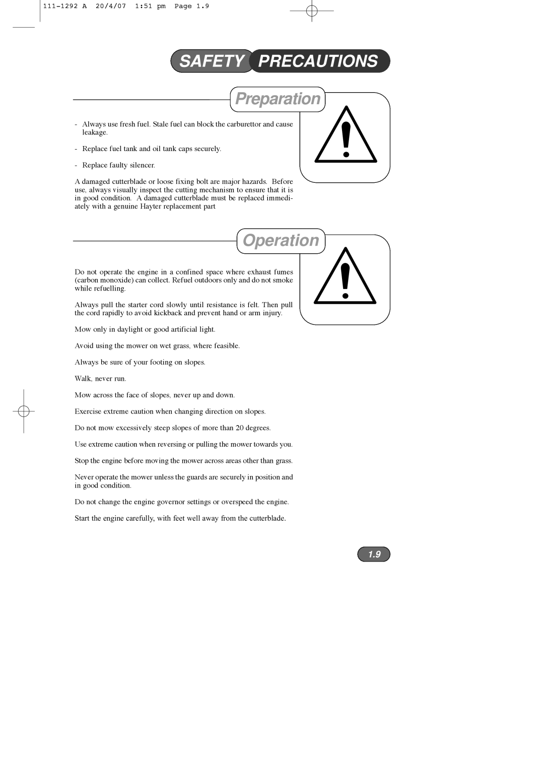 Hayter Mowers 005E manual Operation 