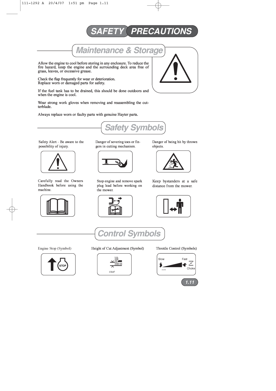 Hayter Mowers 005E manual Safety Symbols, Control Symbols, 1.11, Safety Precautions, Maintenance & Storage 