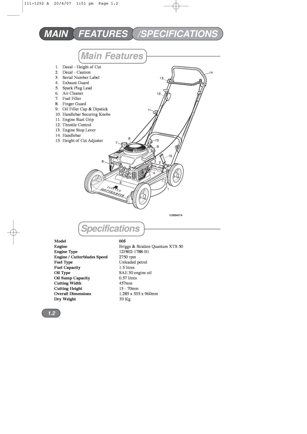 Hayter Mowers 005E manual Main Features /Specifications 