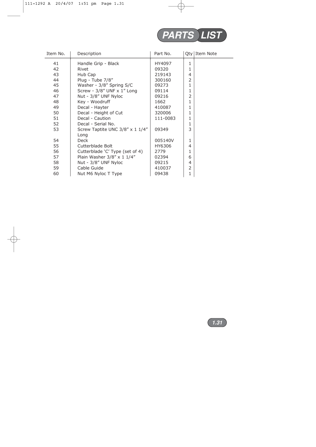 Hayter Mowers 005E manual Parts, List, 1.31, Screw Taptite UNC 3/8” x 1 1/4” 