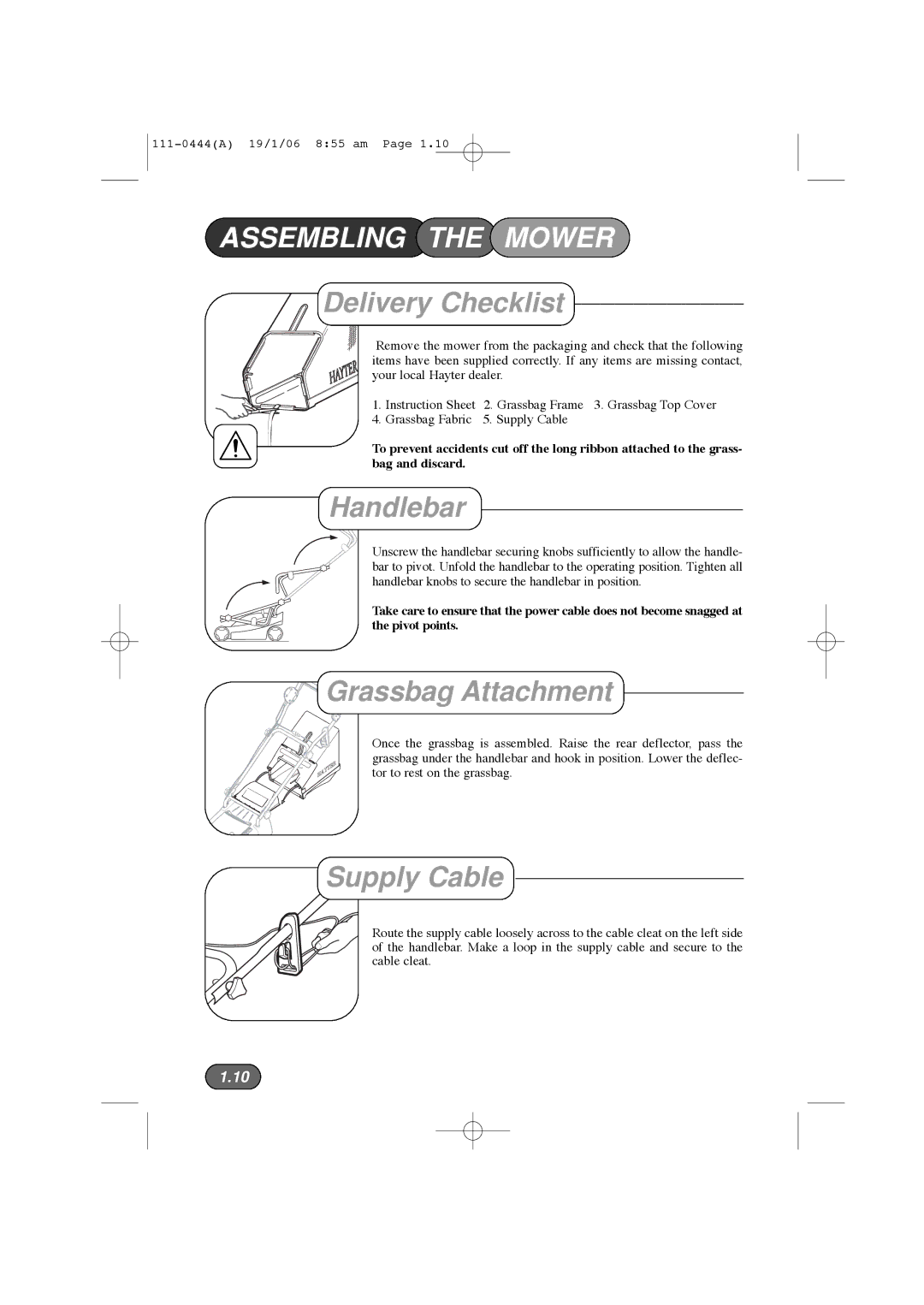 Hayter Mowers 100D manual Assembling the Mower, Delivery Checklist, Handlebar, Grassbag Attachment, Supply Cable 