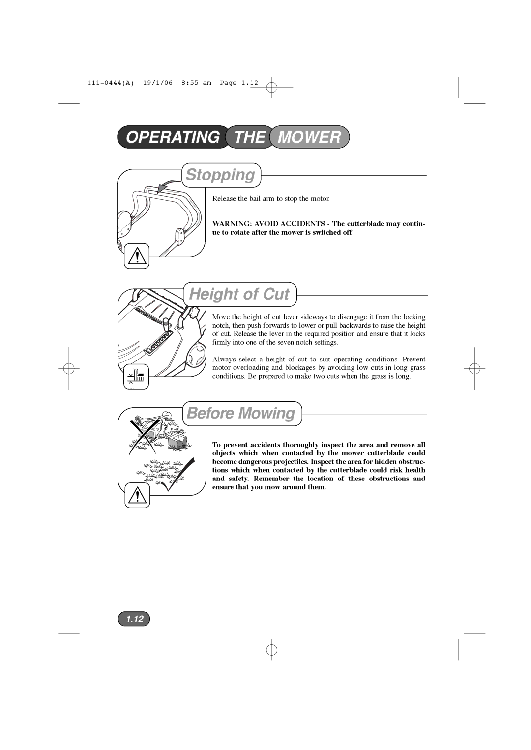 Hayter Mowers 100D manual Stopping, Height of Cut, Before Mowing 