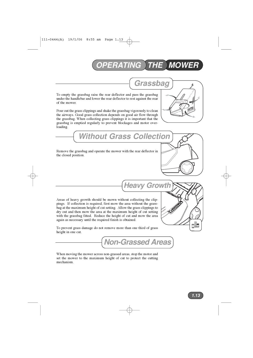 Hayter Mowers 100D manual Grassbag, Without Grass Collection, Non-Grassed Areas 