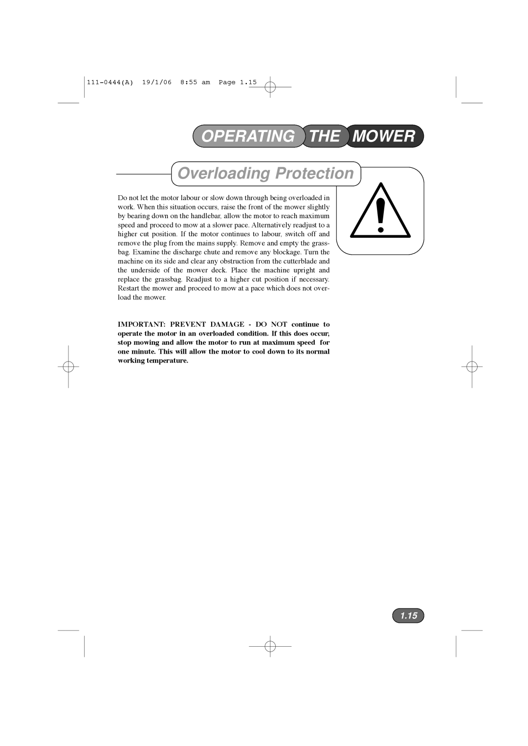 Hayter Mowers 100D manual Overloading Protection 