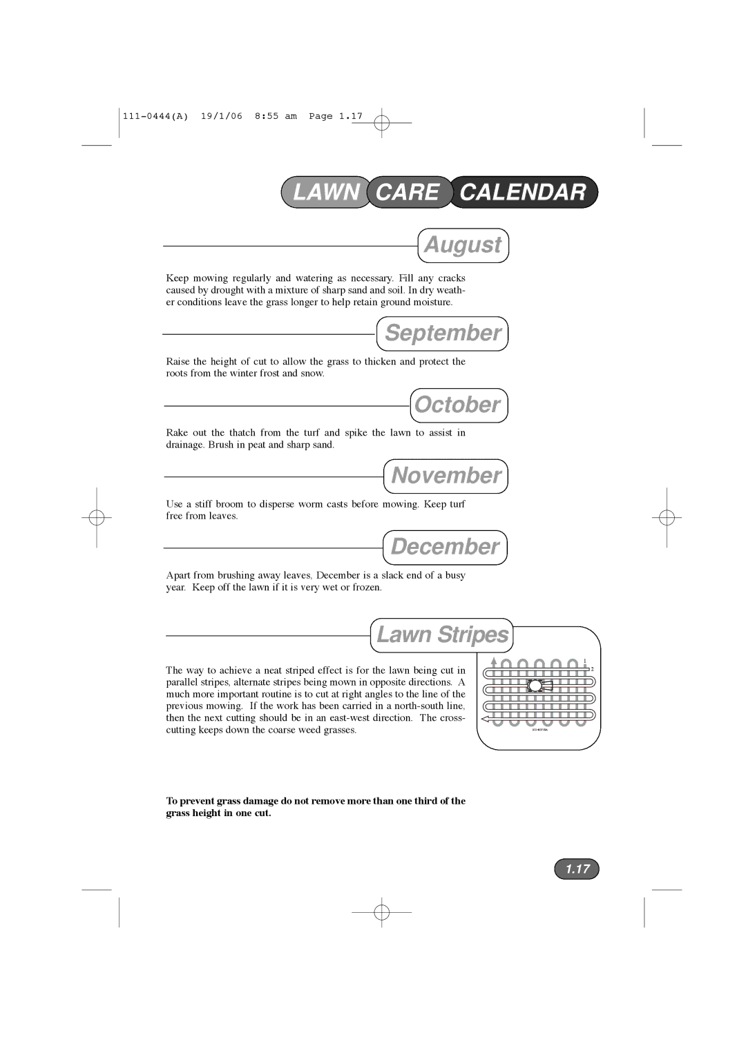 Hayter Mowers 100D manual August, September, October, November, December, Lawn Stripes 