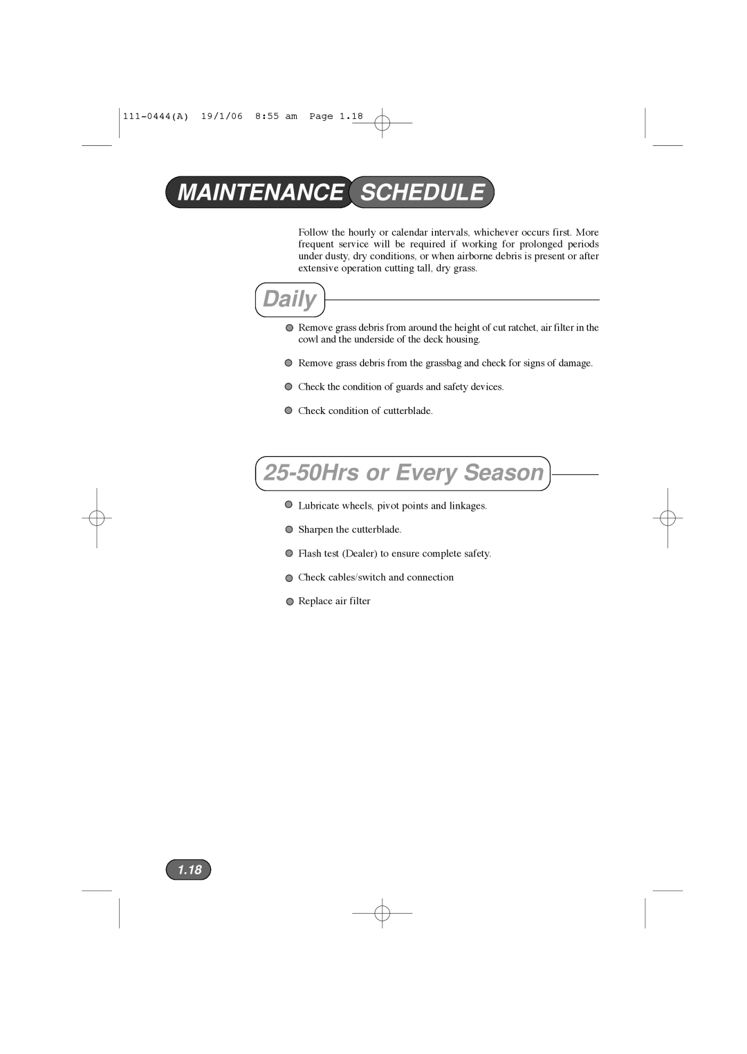 Hayter Mowers 100D manual Maintenance Schedule, Daily, 25-50Hrs or Every Season 