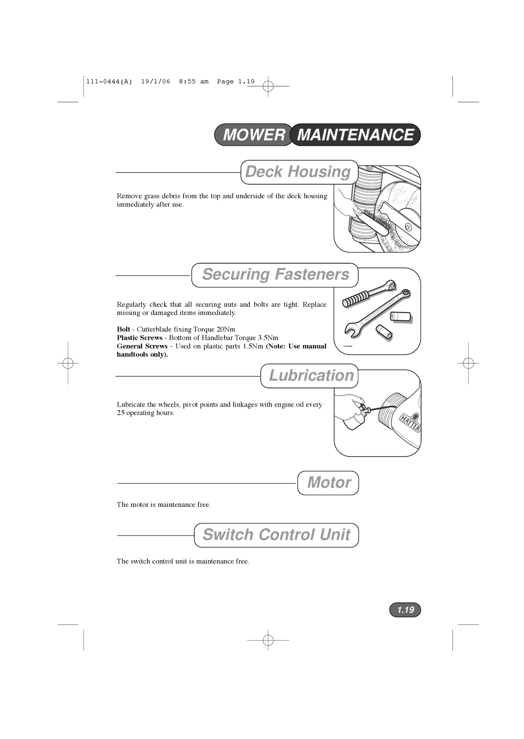 Hayter Mowers 100D manual Mower Maintenance 