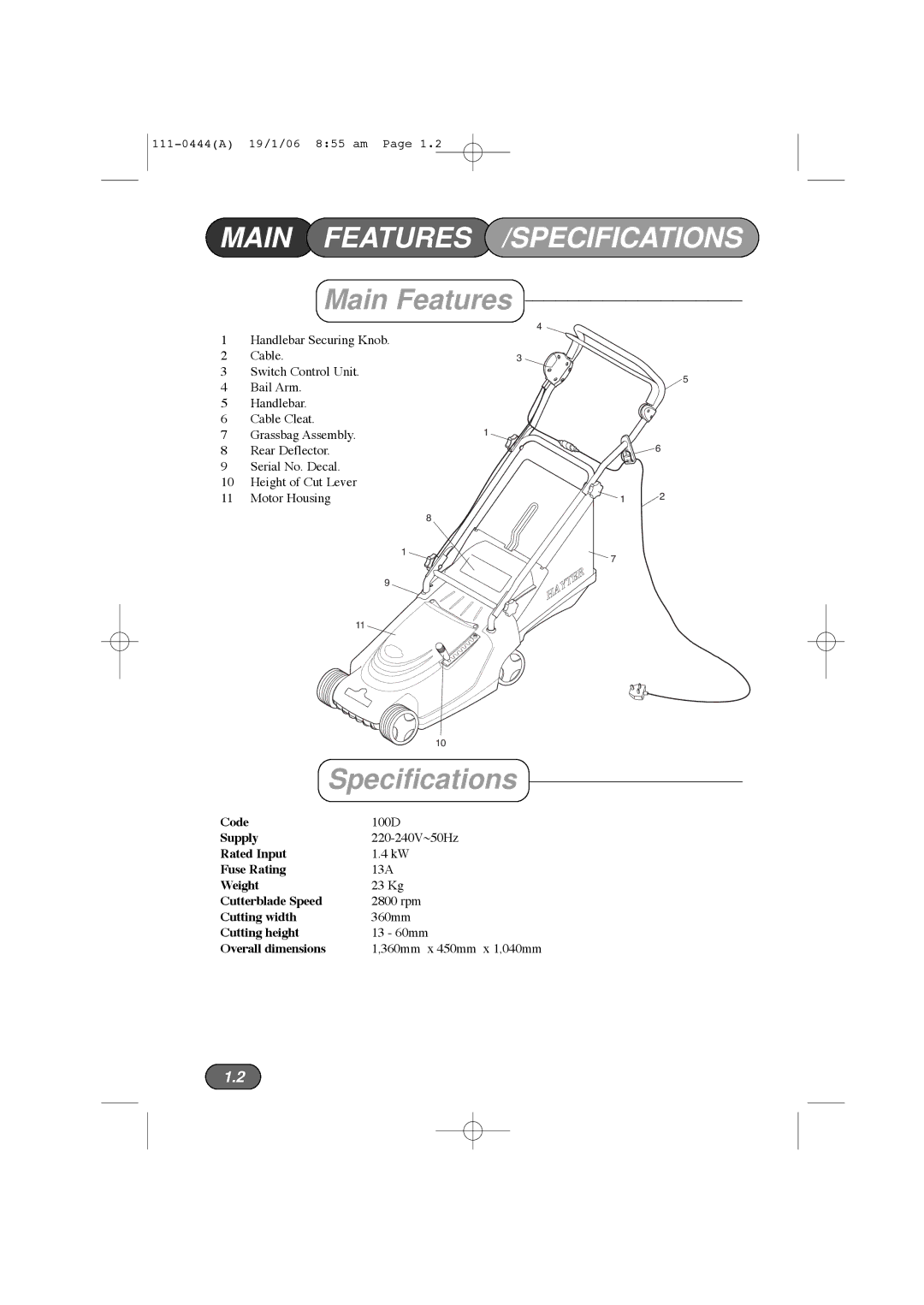 Hayter Mowers 100D manual Main Features /SPECIFICATIONS, Specifications 