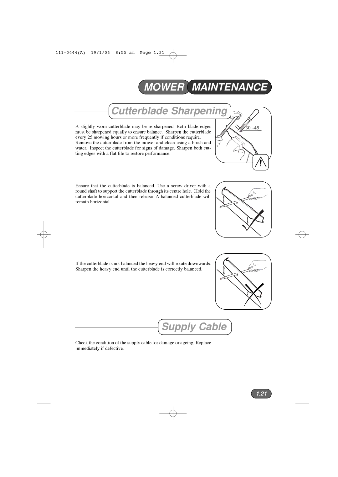 Hayter Mowers 100D manual Cutterblade Sharpening, Supply Cable 