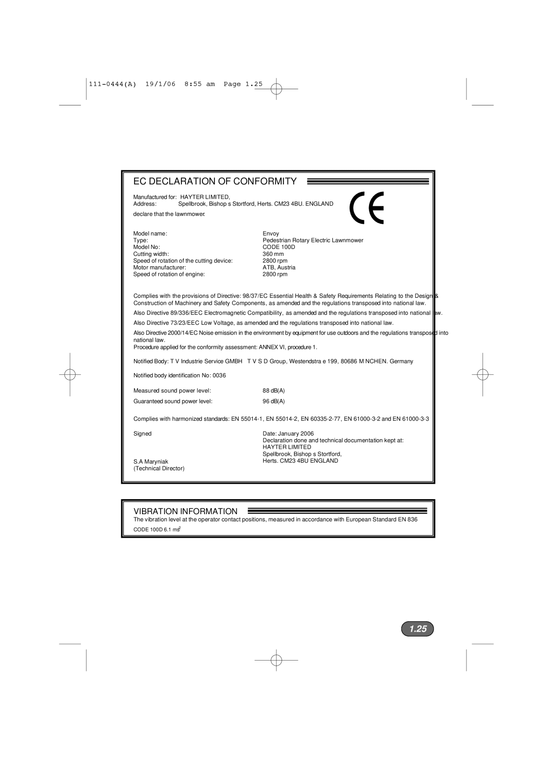 Hayter Mowers 100D manual EC Declaration of Conformity 