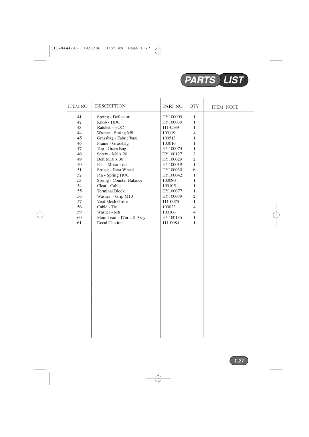 Hayter Mowers 100D manual Parts List 