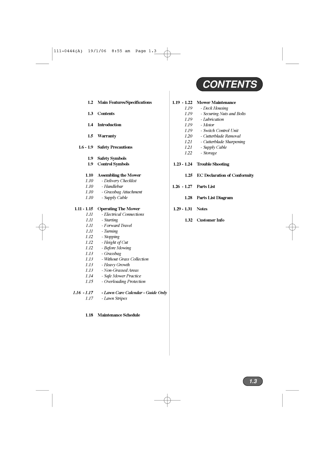 Hayter Mowers 100D manual Contents 